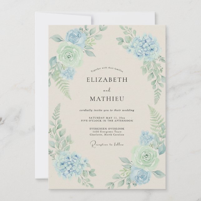 Cerulean Mint Hydrangea Eucalyptus Wedding Invitation (Front)
