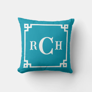 Cerulean Reverse Chinoiserie Greek Key Monogram Throw Pillow