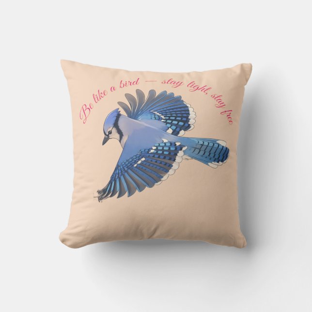 Cerulean Soar: Detailed Blue Jay in Flight Throw Pillow (Front)