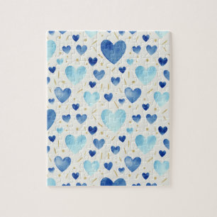 Cerulean Sparkle Blue & Gold Watercolor Hearts Jigsaw Puzzle
