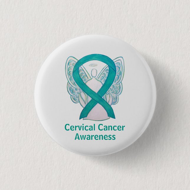 Cervical Cancer Awareness Ribbon Angel Button Pin (Front)
