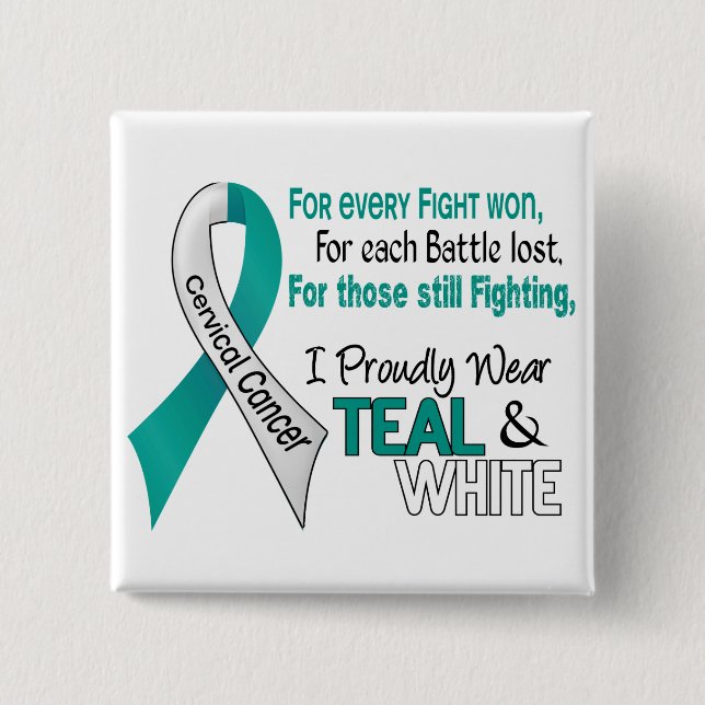 Cervical Cancer I Proudly Wear Teal and White 1 2 Inch Square Button (Front)