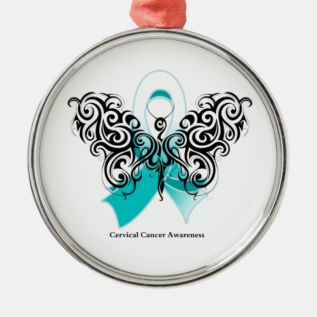Cervical Cancer Tribal Butterfly Ribbon Metal Ornament (Front)