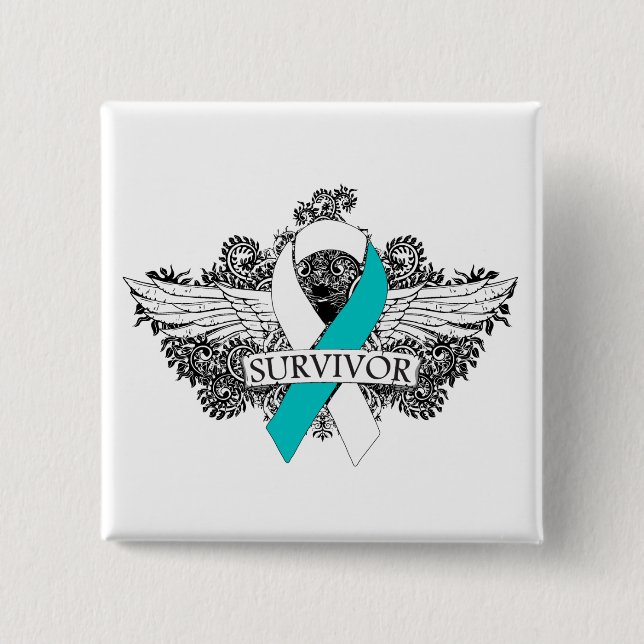Cervical Cancer Winged SURVIVOR Ribbon 2 Inch Square Button (Front)