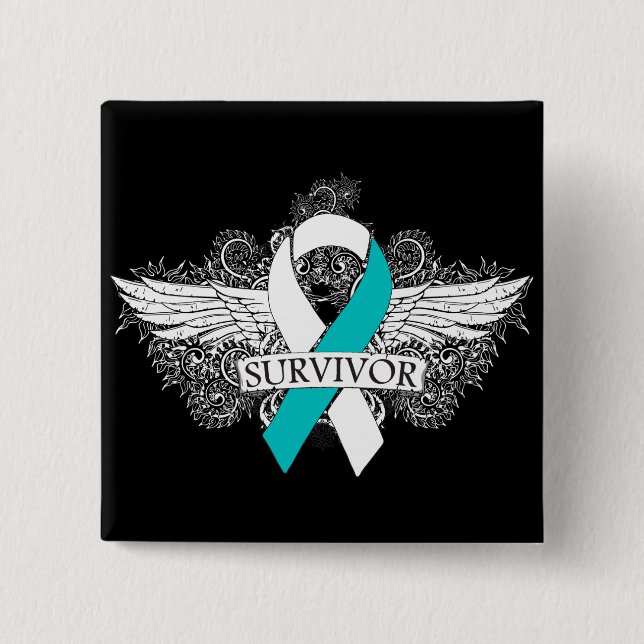 Cervical Cancer Winged SURVIVOR Ribbon 2 Inch Square Button (Front)