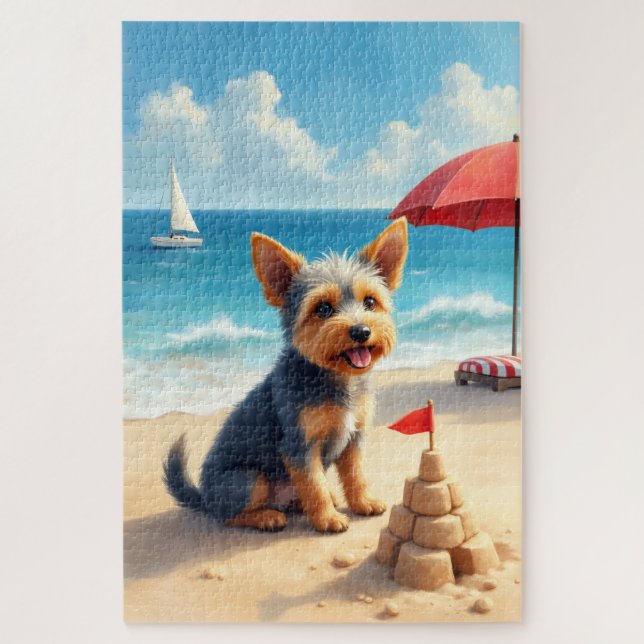 Cesky Terrier Beach Sandcastle Scene Jigsaw Puzzle (Vertical)