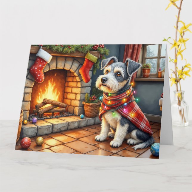 Cesky Terrier Fireplace with Christmas Lights Card (Yellow Flower)