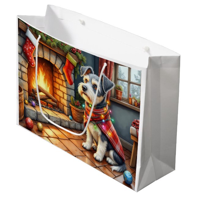 Cesky Terrier Fireplace with Christmas Lights Large Gift Bag (Front Angled)