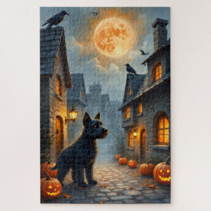 Cesky Terrier Medieval Halloween Village Art Jigsaw Puzzle