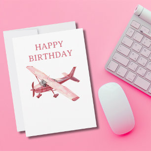 Cessna Pink Airplane Watercolor Fun Birthday Holiday Card