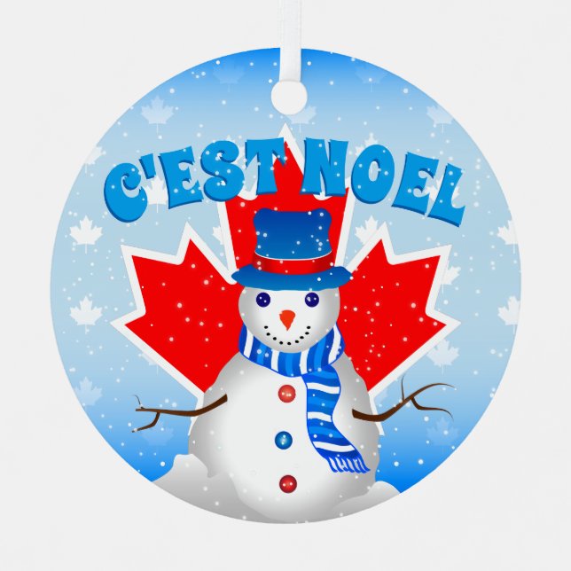 C'EST NOEL Canadian Maple Leaf Snowman Christmas Metal Ornament (Front)