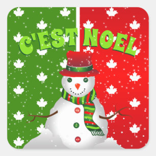 C'est Noel Snowman Canadian Maple Leaf Christmas Square Sticker
