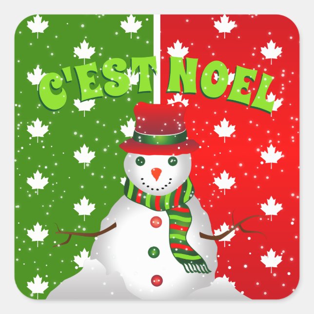 C'est Noel Snowman Canadian Maple Leaf Christmas Square Sticker (Front)