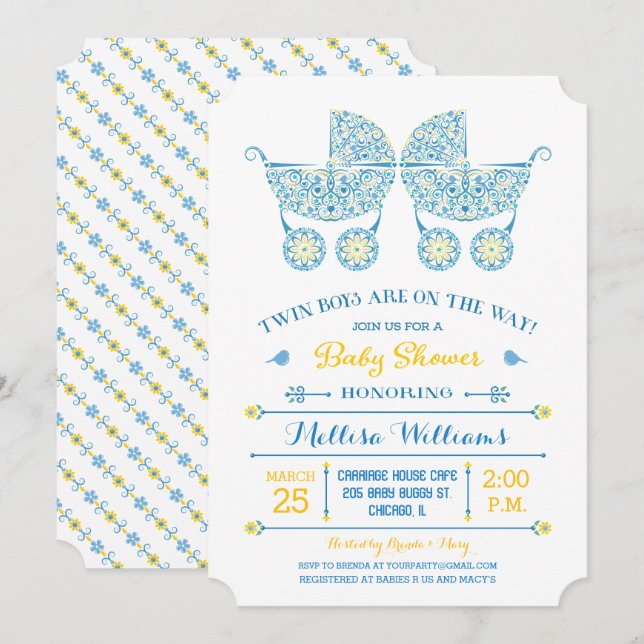 C'est Twin Boys ! Invitation Baby shower Twins (Devant / Derrière)