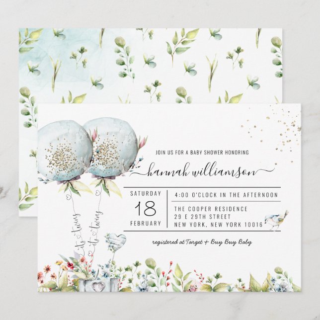 C'est Twins Blue Balloon Baby shower Invitation (Devant / Derrière)