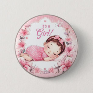 C'est un badge rose pour Baby Shower fille avec un