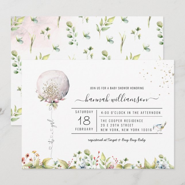 C'est un ballon de fille | Invitation baby shower (Devant / Derrière)