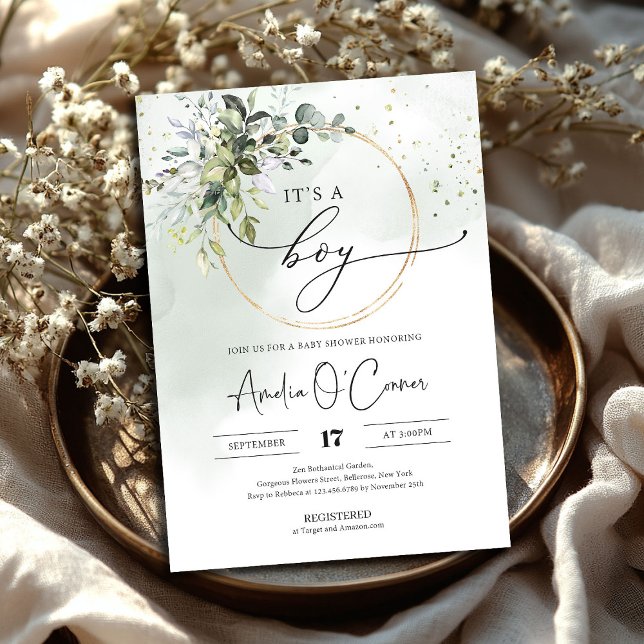 C'est un garçon Baby shower Invitation Verdure Boh (It's A Boy Baby Shower Invitation Greenery and gold wreath)