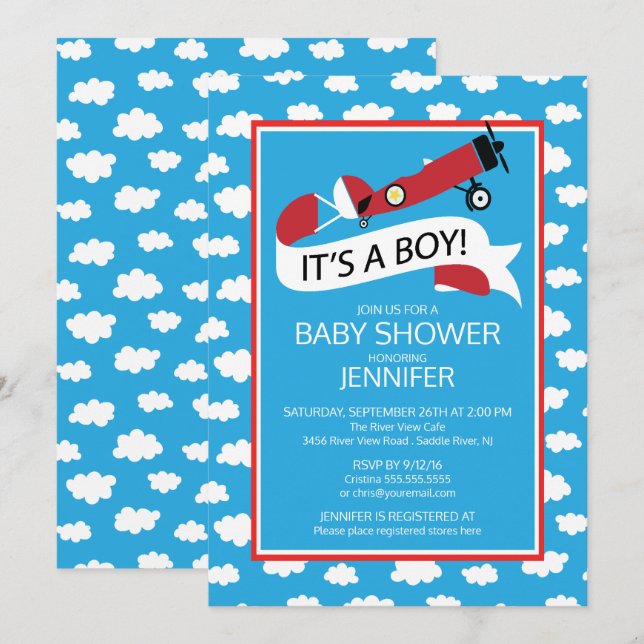 C'est un garçon ! Invitation Baby shower de l'avio (Devant / Derrière)