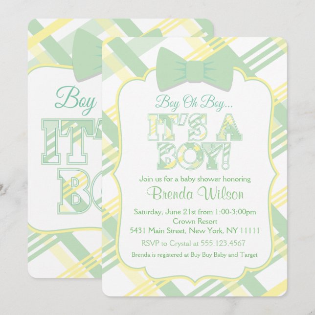 C'est un garçon, Pale Green Baby shower Invitation (Devant / Derrière)
