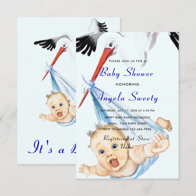 C'est un garçon Shower Invitation Stork portant bé (Devant / Derrière)