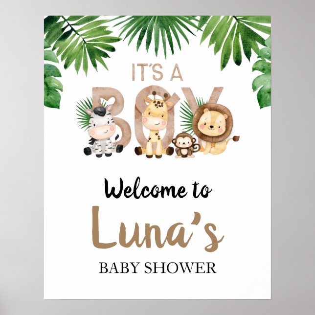 C'est une Affiche de bienvenue Baby shower Safari  (Devant)