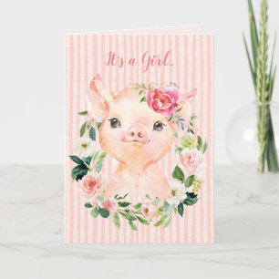 C'est une carte de Baby shower de porc florale de 