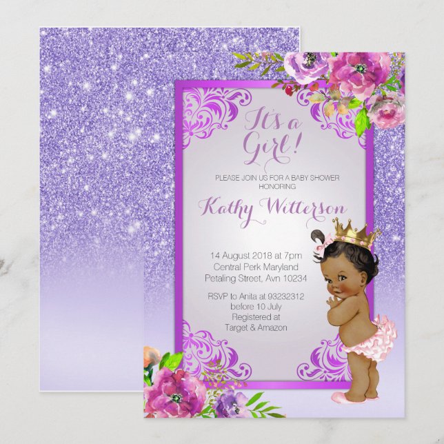 C'est une fille Baby shower d'or violet Invitation (Devant / Derrière)