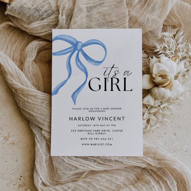 C'est une fille Bleu Bow Baby shower Invitation (It's A Girl Blue Bow Baby Shower Invitation)