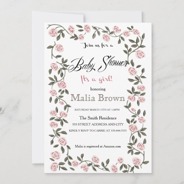 C'est une fille ! Invitation baby shower ~Roses~ (Devant)