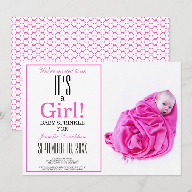 C'est une fille ! Invitation photo Pink Baby Sprin (Devant / Derrière)