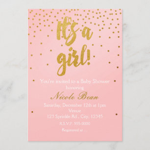 C'EST UNE FILLE Invitation rose poudré et confetti