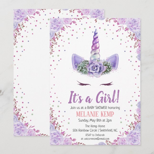 C'est une fille Unicorne Invitation Baby shower Fl (Devant / Derrière)