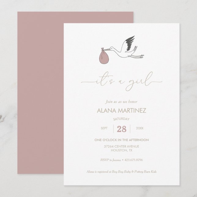 C'est une invitation à Baby shower de cigogne (Devant / Derrière)