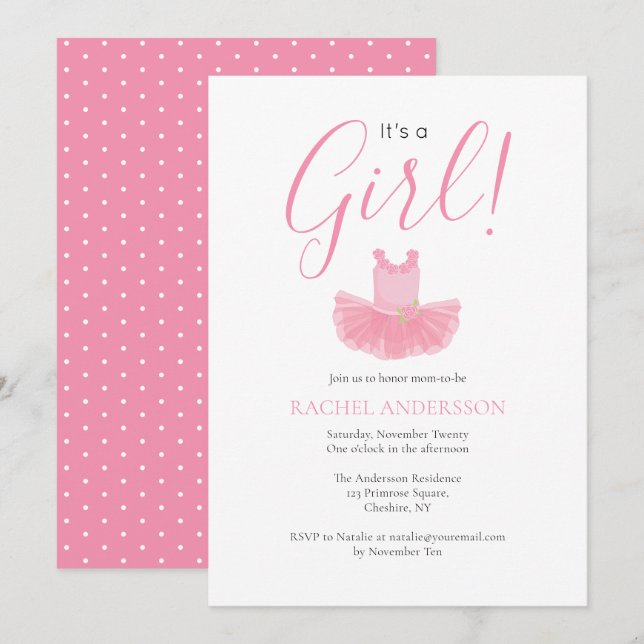 C'est une invitation à Baby shower rose Ballerina  (Devant / Derrière)