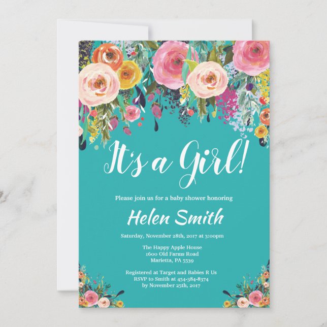 C'est une invitation à un Baby shower floral Turqu (Devant)
