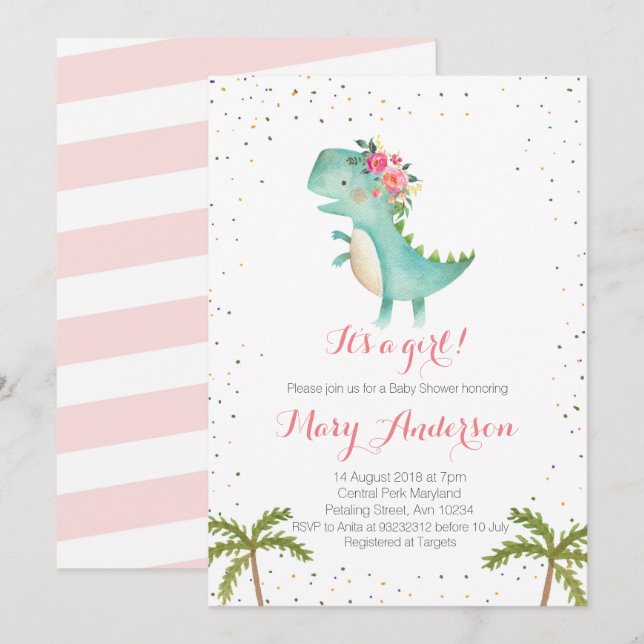C'est une invitation au Baby shower de dinosaures  (Devant / Derrière)