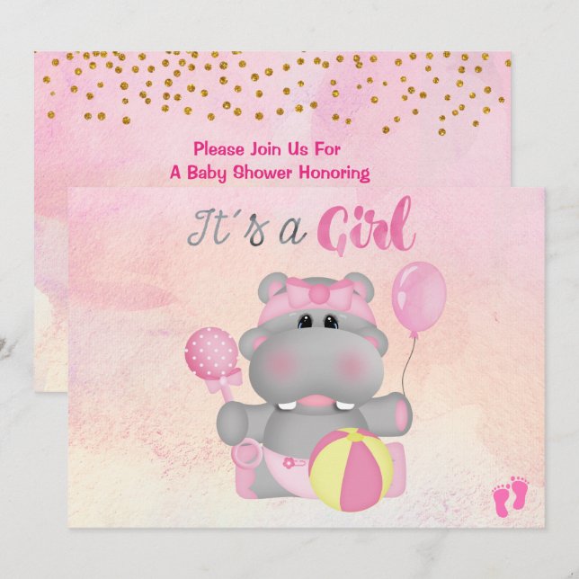 C'est une invitation au Baby shower hippo de fille (Devant / Derrière)