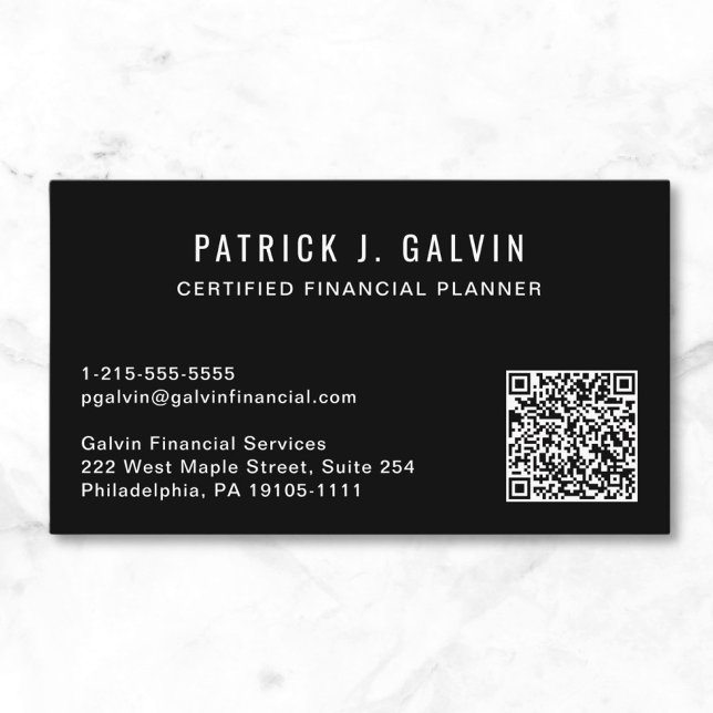 CFP Financial Planner QR Code Black Business Card (CFP Certified Financial Planner QR Code Photo Business Card)