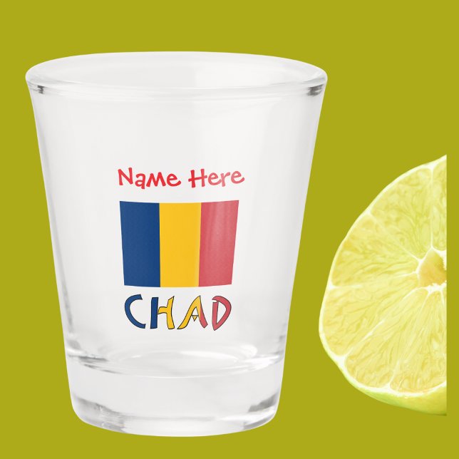Chad Chadian Flag Red Personalization  Shot Glass (Chadian Flag on shot glass with the word CHAD below in flag colors. Add name in red text above.)