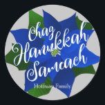Chag Hanukkah Sameach - Blue Poinsettia Hanukkah Classic Round Sticker<br><div class="desc">Blue Poinsettia Hanukkah classic round sticker with grey background and Chag Hanukkah Sameach(Happy Hanukkah Holiday) saying,  below is your family name which you can personalize. A beautiful sticker to close Hanukkah greeting card envelopes or to seal Hanukkah gifts.</div>