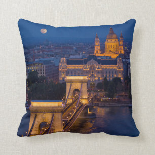 Chain Bridge and Full Moon at Night Throw Pillow