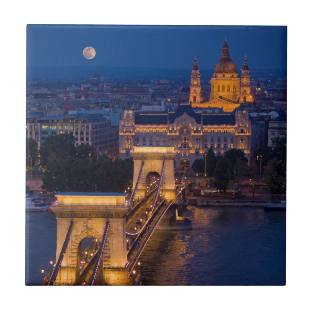 Chain Bridge and Full Moon at Night Tile (Front)