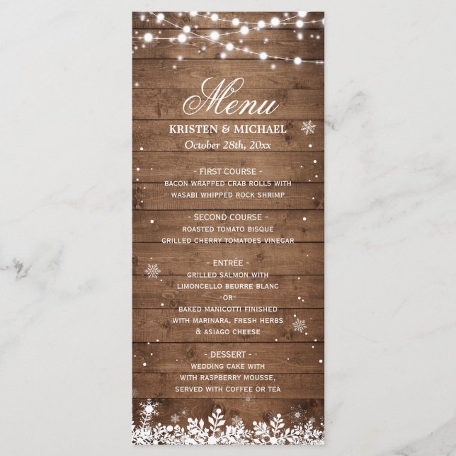 Chaîne Lumières Bois Rustique Mariage d'hiver Menu (Devant)