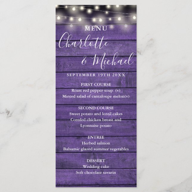 Chaîne Lumières violet rustique Mariage Menu (Devant)