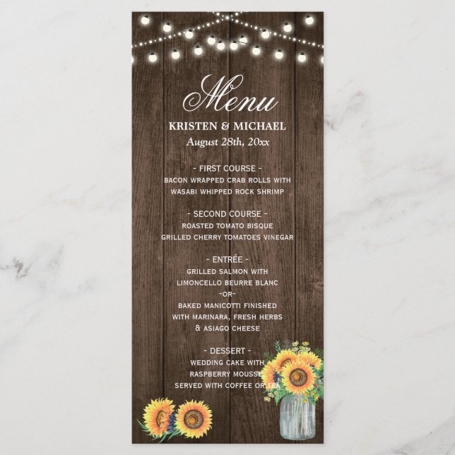 Chaîne Rustique Lumières Tournesols Menu Mariage (Devant)