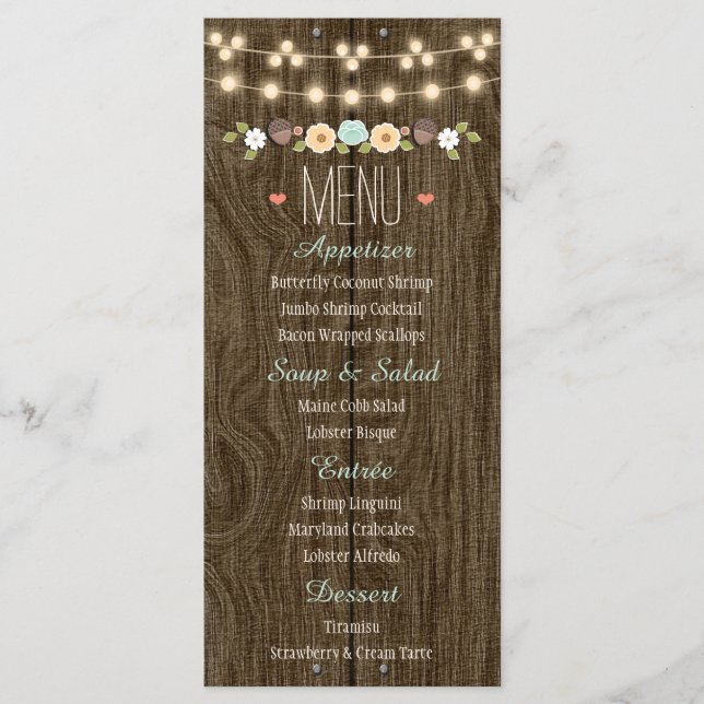 Chaîne turquoise de lumières Menu Rustique Mariage (Devant)