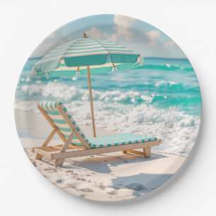 Chaise Lounge On White Ocean Sand Paper Plate
