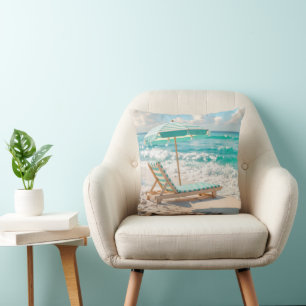 Chaise Lounge On White Ocean Sand Throw Pillow