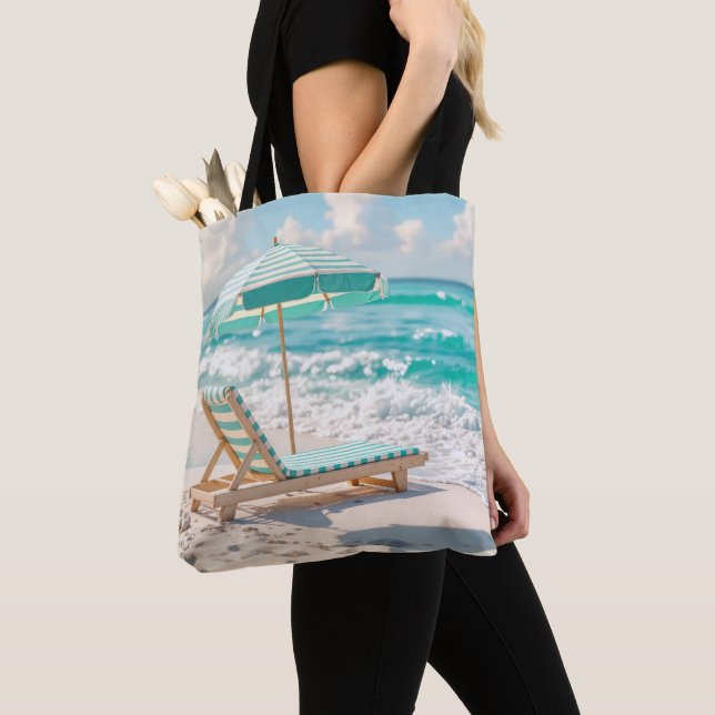 Chaise Lounge On White Ocean Sand Tote Bag (Close Up)